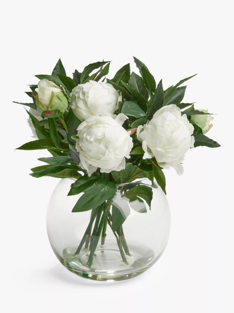 Floralsilk Artificial White Peonies in Glass Globe Vase, H28cm - image 1