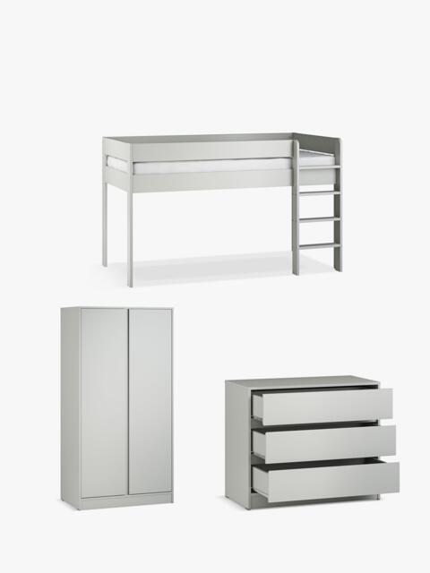 Little Acorns Furniture Mid Sleeper Bed Frame, 3 Drawer Chest and Double Wardrobe Bundle, Grey