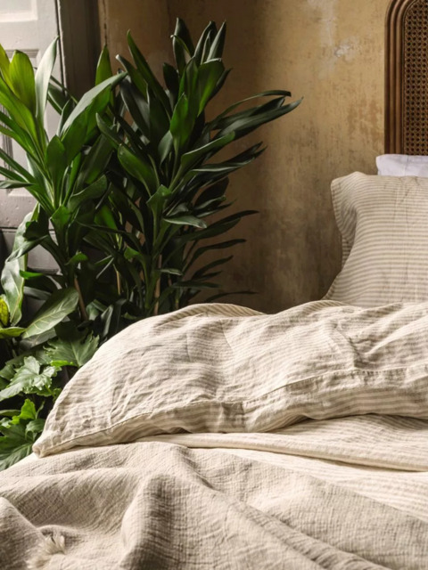 Piglet in Bed Oatmeal Stripe Linen Flat Sheet - image 1
