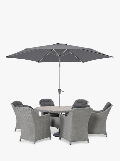 KETTLER Foxley Woven 6-Seater Round Garden Dining Table & Chair Set with Parasol & Base, Grey - image 1