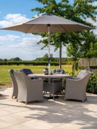 KETTLER Foxley Woven 6-Seater Round Garden Dining Table & Chair Set with Parasol & Base, Grey - thumbnail 2