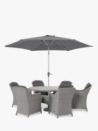 KETTLER Foxley Woven 6-Seater Round Garden Dining Table & Chair Set with Parasol & Base, Grey - thumbnail 1
