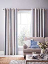 Laura Ashley Awning Stripe Pair Blackout Lined Eyelet Curtains, Seaspray