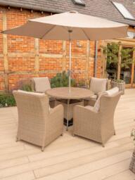 KETTLER Derwent Woven 4-Seater Round Garden Dining Table & Chairs Set with Parasol & Base, Brown - thumbnail 2