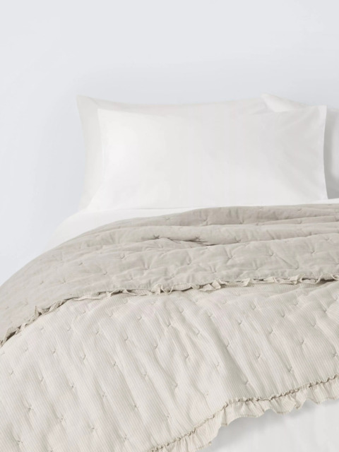 John Lewis Chambray Stripe Reversible Quilted Frilled Bedspread, Natural - image 1