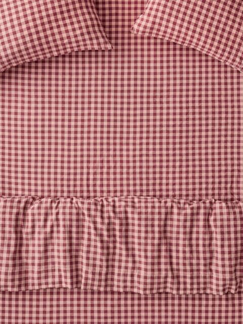Piglet in Bed Colour Drench Gingham Linen Blend Fitted Sheet, Rhubarb/Rose - image 1