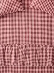 Piglet in Bed Colour Drench Gingham Linen Blend Fitted Sheet, Rhubarb/Rose - thumbnail 1