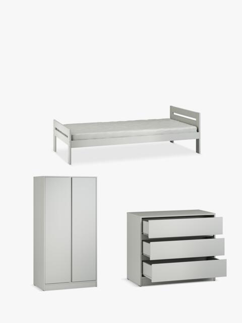 Little Acorns Furniture Bed Frame, 3 Drawer Chest and Double Wardrobe Bundle, Grey