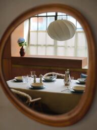 John Lewis Mid Century Circle Wood Wall Mirror, 69 x 62cm, Walnut - thumbnail 2