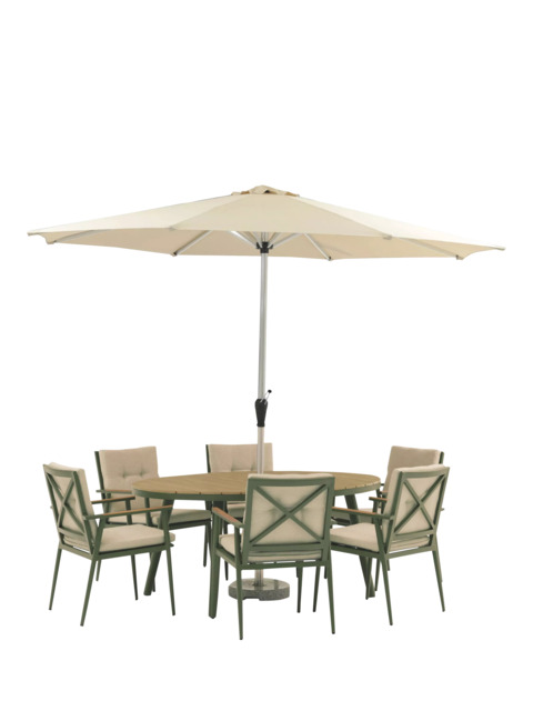 Bramblecrest RHS Wisley 6-Seater Ellipsis Garden Dining Table & Chairs Set with Parasol, Sage - image 1