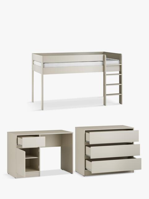Little Acorns Furniture Mid Sleeper Bed Frame, 3 Drawer Chest and Desk Bundle, Cashmere