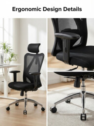 Sihoo M18 Ergonomic Office Chair, Computer Desk Chair with Adjustable Headrest and Lumbar Support, High Back Executive Swivel Chair for Home Office (Pure Black) - thumbnail 3