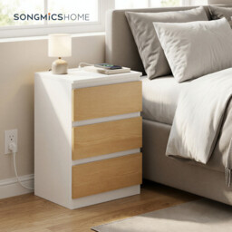 Ochama Set of 2 Nightstands with Charging Station, Bedside Tables, Side End Tables with 3 Drawers, for Bedroom, White and Yellow - thumbnail 3