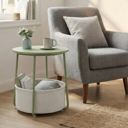Ochama Side Table, Round End Table with Fabric Basket, for Living Room Bedroom, Bedside Table, Modern Style, Grey - thumbnail 2