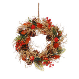 Festive 30cm Orange Flowers/Berries Autumn Wreath - thumbnail 3