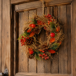 Festive 30cm Orange Flowers/Berries Autumn Wreath - thumbnail 1