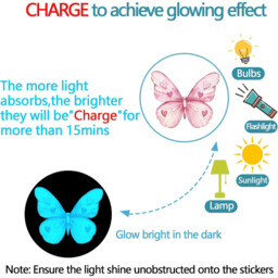 JU7CER 3-piece set of 20x30cm blue-light wall decals Glow-in-the-dark wall decals Pink-printed blue-light butterfly Girl's bedroom Nursery wall decals - thumbnail 3