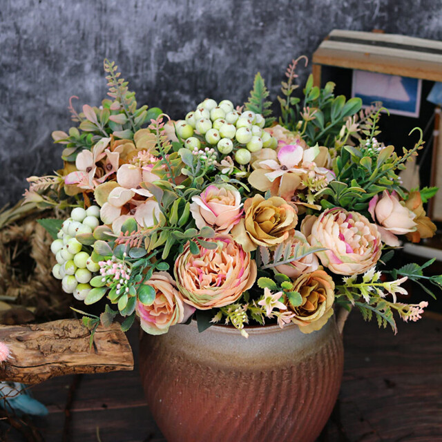 2Pcs 12.48in/31.69cm Artificial Flowers, Artificial Peony Silk Flowers Fake Hydrangea Bouquet Deep Blue Flowers Tropical Fern Leaves Wedding Table Centerpiece for Home Party Decoration(Dusty Yellow) - image 1