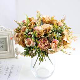 2Pcs 12.48in/31.69cm Artificial Flowers, Artificial Peony Silk Flowers Fake Hydrangea Bouquet Deep Blue Flowers Tropical Fern Leaves Wedding Table Centerpiece for Home Party Decoration(Dusty Yellow) - thumbnail 6