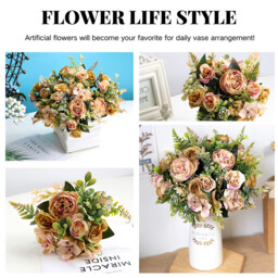 2Pcs 12.48in/31.69cm Artificial Flowers, Artificial Peony Silk Flowers Fake Hydrangea Bouquet Deep Blue Flowers Tropical Fern Leaves Wedding Table Centerpiece for Home Party Decoration(Dusty Yellow) - thumbnail 2