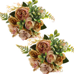 2Pcs 12.48in/31.69cm Artificial Flowers, Artificial Peony Silk Flowers Fake Hydrangea Bouquet Deep Blue Flowers Tropical Fern Leaves Wedding Table Centerpiece for Home Party Decoration(Dusty Yellow) - thumbnail 3