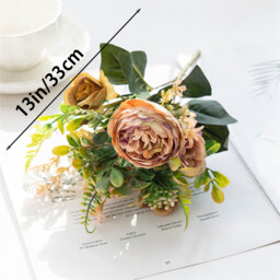 2Pcs 12.48in/31.69cm Artificial Flowers, Artificial Peony Silk Flowers Fake Hydrangea Bouquet Deep Blue Flowers Tropical Fern Leaves Wedding Table Centerpiece for Home Party Decoration(Dusty Yellow) - thumbnail 5