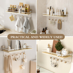 KAPANOU Floating Shelves with Coat Hooks Rail， Wall Mounted Natural Wood Grain Shelf for Bathroom， Bedroom， Living Room (White), New Year Sale , Top gift picks - thumbnail 3