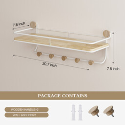 KAPANOU Floating Shelves with Coat Hooks Rail， Wall Mounted Natural Wood Grain Shelf for Bathroom， Bedroom， Living Room (White), New Year Sale , Top gift picks - thumbnail 2