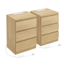 JOYFURNOS Set of 2 Nightstands with Charging Station, Bedside Tables, Side End Tables with 3 Drawers, for Bedroom, Yellow