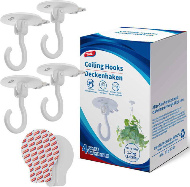 TAILI Adhesive Ceiling Hooks for Hanging Plants, Heavy Duty No-Drill Removable Sticky Wall Hooks Hanging Christmas Lights Garland Coat for Door Kitchen, Renter Friendly - 4 Pack White - image 1