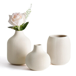 [3Pcs] 5.9in/15cm, Ceramic Vase Beige - Minimalist Vases with Rill Design, Compact Transitional Decoration for Living Room, Bedroom, Office - thumbnail 4
