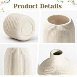 [3Pcs] 5.9in/15cm, Ceramic Vase Beige - Minimalist Vases with Rill Design, Compact Transitional Decoration for Living Room, Bedroom, Office - thumbnail 3