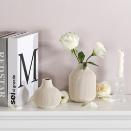[3Pcs] 5.9in/15cm, Ceramic Vase Beige - Minimalist Vases with Rill Design, Compact Transitional Decoration for Living Room, Bedroom, Office - thumbnail 5