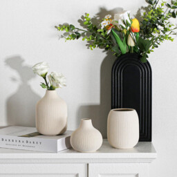 [3Pcs] 5.9in/15cm, Ceramic Vase Beige - Minimalist Vases with Rill Design, Compact Transitional Decoration for Living Room, Bedroom, Office - thumbnail 2