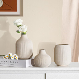 [3Pcs] 5.9in/15cm, Ceramic Vase Beige - Minimalist Vases with Rill Design, Compact Transitional Decoration for Living Room, Bedroom, Office - thumbnail 1