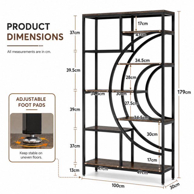 LANTINE Geometric Bookcase 179cm Industrial Bookcase 8 Tier Bookcase Rustic Bookshelf Metal Frame Tall Freestanding Open Shelves for Living Room (Grey, 1) - image 1
