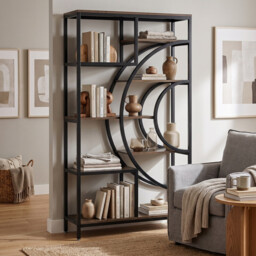 LANTINE Geometric Bookcase 179cm Industrial Bookcase 8 Tier Bookcase Rustic Bookshelf Metal Frame Tall Freestanding Open Shelves for Living Room (Grey, 1) - thumbnail 2