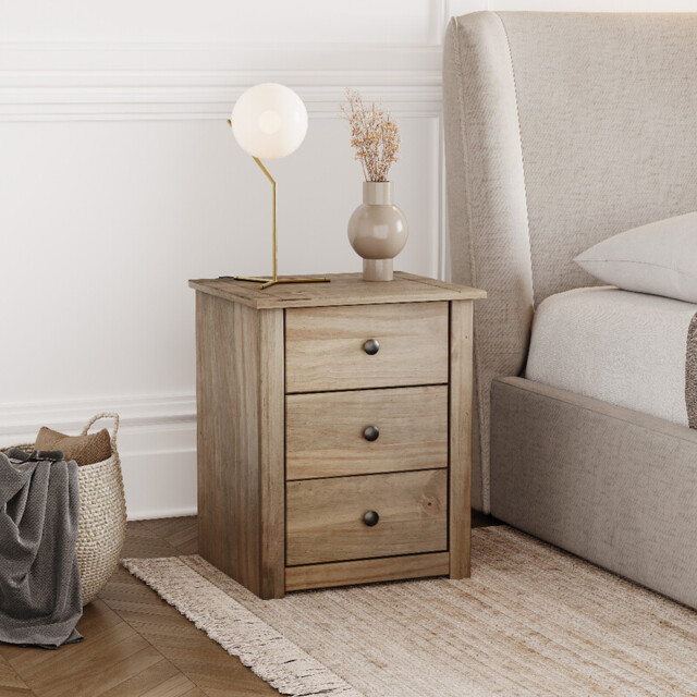 Vida Designs Bedside Table Panama Solid Pine 3 Drawers Natural Oak - image 1
