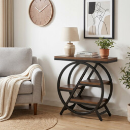 LANTINE Coffee Side Tables, 3-Tier End Table for Living Room, Wood Sofa Side Table with Storage, Industrial Nightstand and Bedside Table with Geometric Metal Frame for Bedroom, Rustic Brown - thumbnail 3