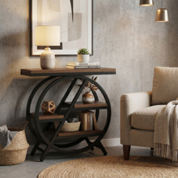 LANTINE Coffee Side Tables, 3-Tier End Table for Living Room, Wood Sofa Side Table with Storage, Industrial Nightstand and Bedside Table with Geometric Metal Frame for Bedroom, Rustic Brown - thumbnail 2