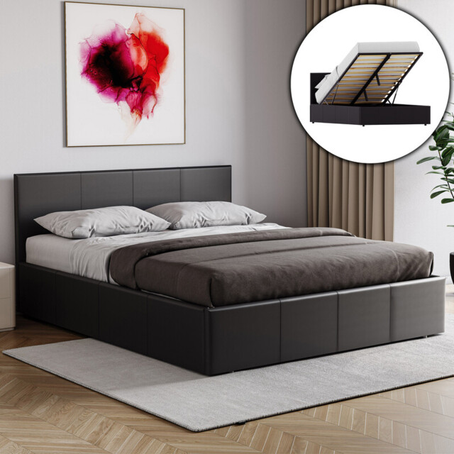 Vida Designs Ottoman Bed Frame Lisbon Faux Leather Black Double - image 1