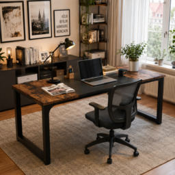 LANTINE Desk, Computer Table, PC Table, Work Table, Dining Table, Black, for Home Office, Conference Table (Rustic Brown/Black, 180 x 80 x 75 cm) - thumbnail 3