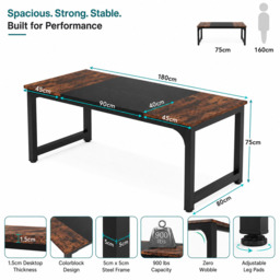 LANTINE Desk, Computer Table, PC Table, Work Table, Dining Table, Black, for Home Office, Conference Table (Rustic Brown/Black, 180 x 80 x 75 cm) - thumbnail 5