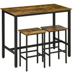HOMCOM Bar Table & 2 Stools Industrial Rustic Brown/Black - thumbnail 1