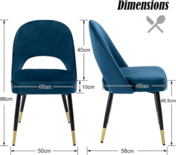 chairus Set of 2 Dining Chairs Velvet Kitchen Corner Chairs with Metal Legs, Blue - thumbnail 3