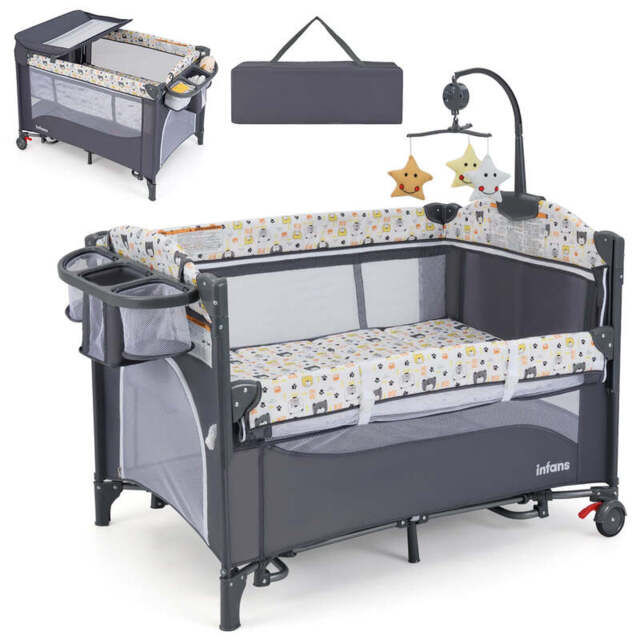 6-in-1 Baby Bed Travel Cot with Changing Table for Baby-Grey - image 1