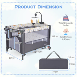6-in-1 Baby Bed Travel Cot with Changing Table for Baby-Grey - thumbnail 2