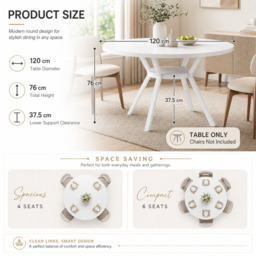 LANTINE Round Dining Table, 120CM Large Kitchen Tables for 6-8 People,Modern Style with Metal Legs for Dining Room Kitchen Cafe (Only Table) - thumbnail 6