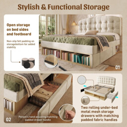 URBAN MEUBLE Velvet Metal Wood Series Double Bed with Storage Drawers 197x146x110-120cm - thumbnail 3