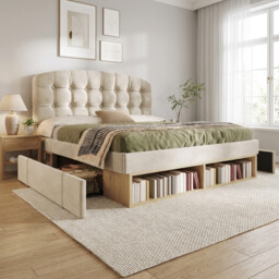 URBAN MEUBLE Velvet Metal Wood Series Double Bed with Storage Drawers 197x146x110-120cm - thumbnail 4